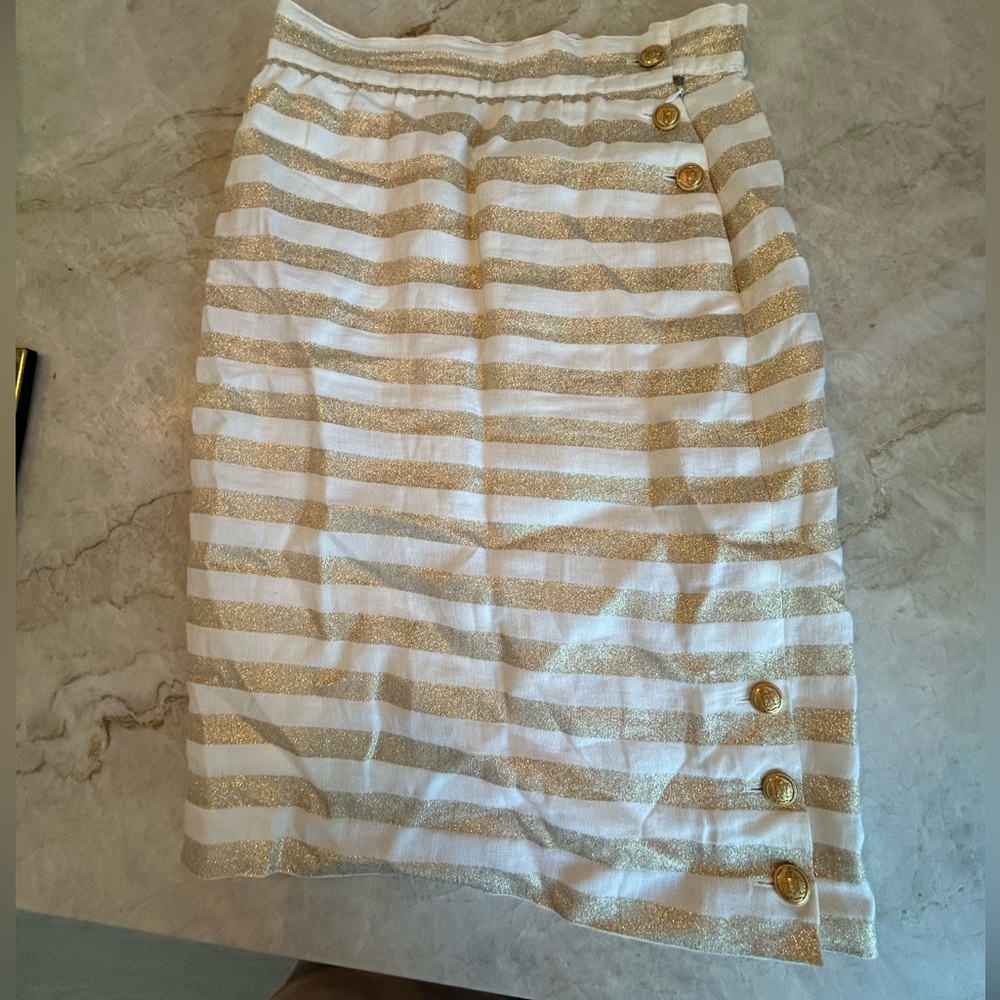 Vintage Escada Linen Gold Stripe Nautical Skirt Size 38 (S)